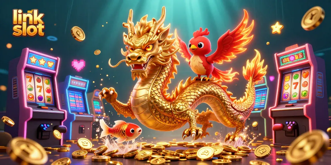Engage with the ultimate link slot experience featuring a dragon, phoenix, and koi amidst vibrant gaming elements.