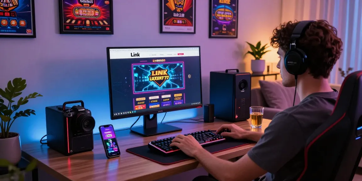 Link LUXURY777 pada tampilan gamer modern di rumah dengan mesin dan aksesori permainan yang menarik.