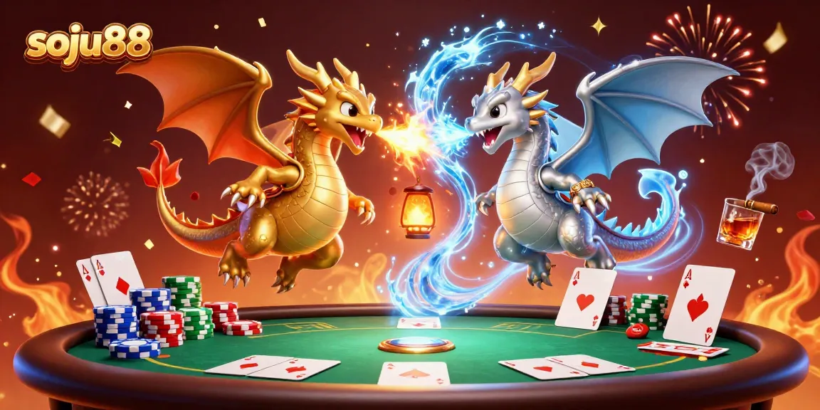 Engage in thrilling gameplay with soju88 as colorful dragons battle on a vibrant poker table.