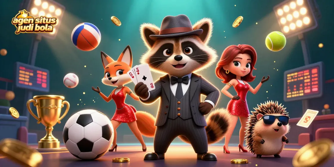 Engage with agen situs judi bola featuring a raccoon, fox, and hedgehog amid dynamic sports betting elements.