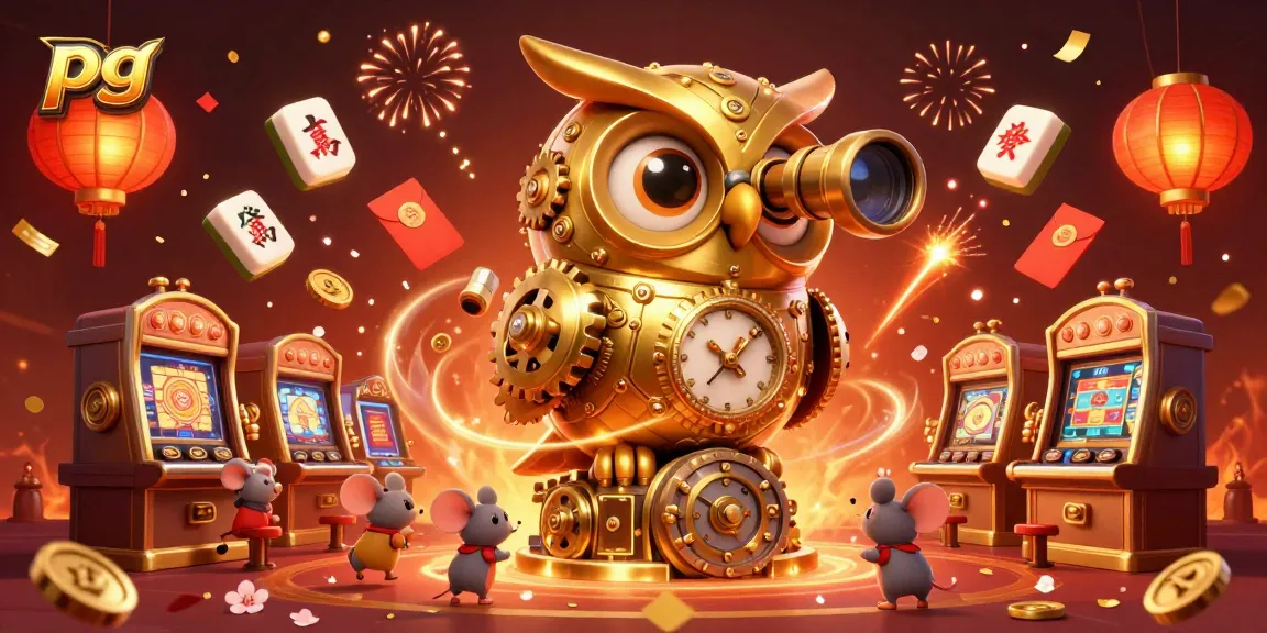 Win big with pg-themed Mahjong slots featuring charming characters and festive elements in an engaging casino scene.