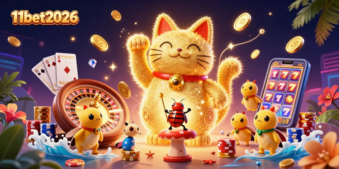 Experience vibrant casino excitement with 11bet2026's dynamic golden cat and casino symbols.