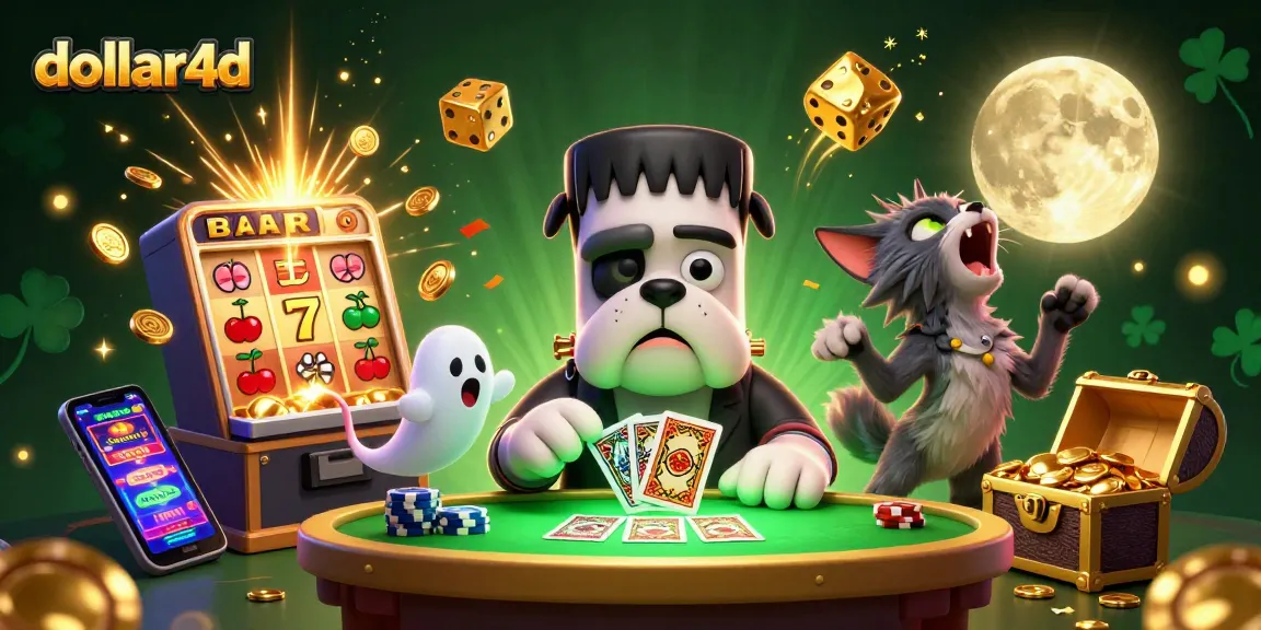 dollar4d jackpot scene with Frankenstein bulldog, ghost mouse, and werewolf kitten in a casino environment