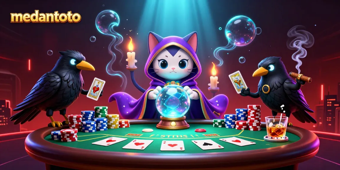 Ilustrasi medantoto yang menakjubkan dengan kucing mistik dan raven di meja poker yang cukup fantastis.