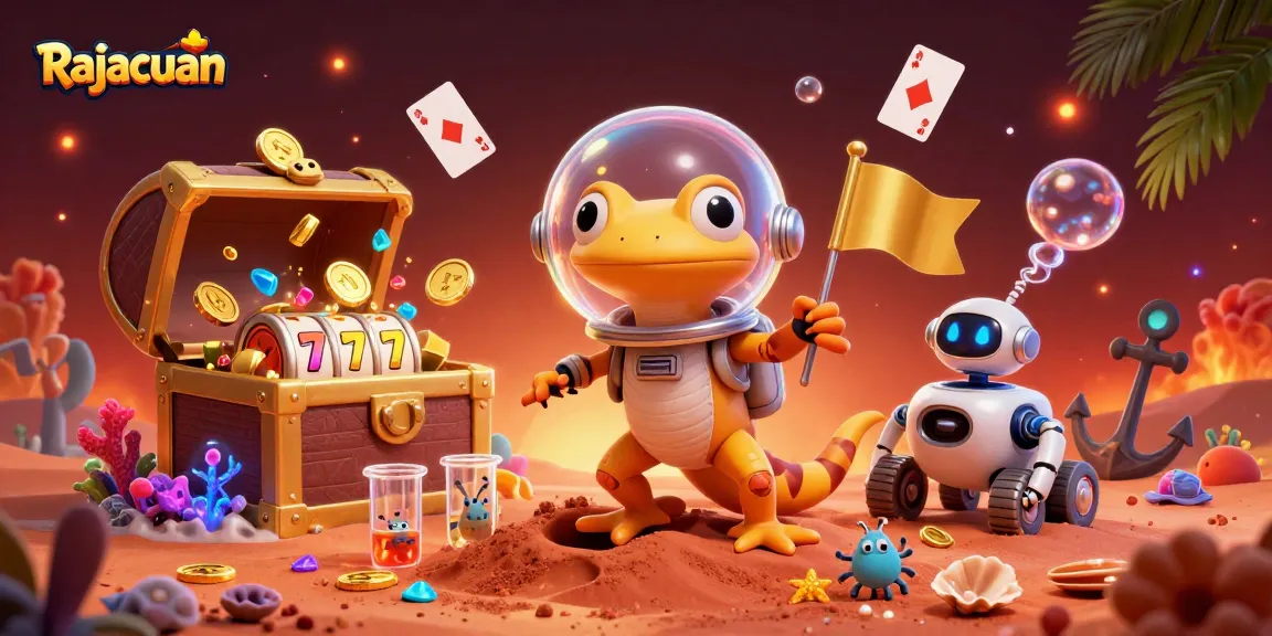 Gamer Martian gecko merayakan slot menang di Rajacuan, dikelilingi emas dan permainan.