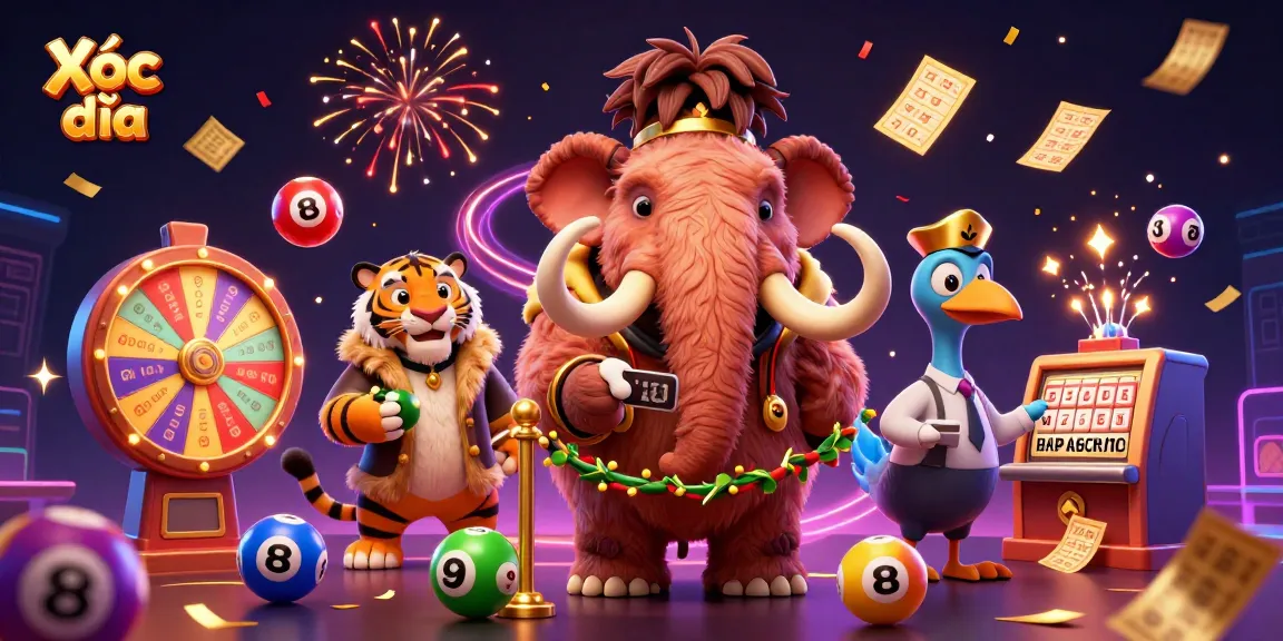 Xóc đĩa illustration featuring a vibrant scene with a mammoth bouncer and a saber-tooth tiger VIP guest.