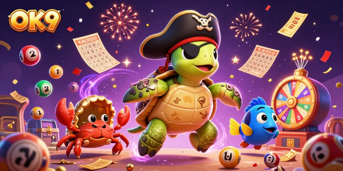 Spin and win with OK9 in this vibrant lottery-themed illustration of a turtle, crab, and fish.
