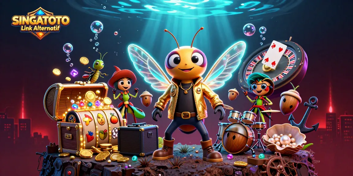 Menangkan game di SINGATOTO Link Alternatif dengan ilustrasi kasino yang hidup menampilkan cicada rocker dan elemen perjudian.