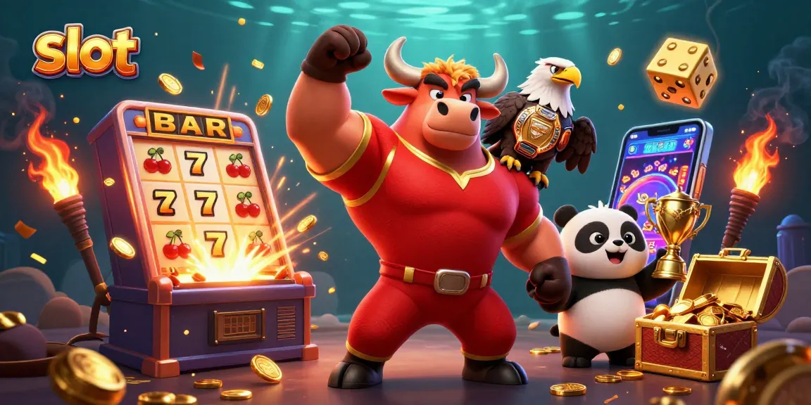 Mengguncang slot dengan serunya jackpot, simbol BAR, 7 keberuntungan, dan panda ceria menunjukkan trofi emas.