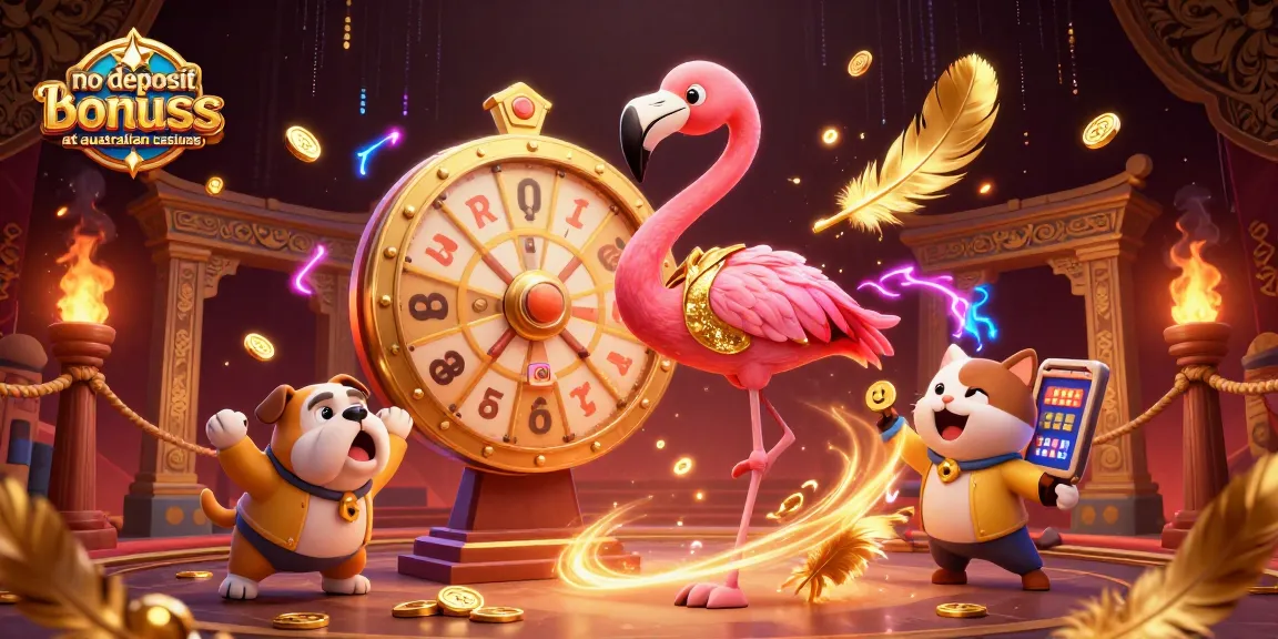 Spin for no deposit bonuses at Australian casinos with flashy characters and winnings.