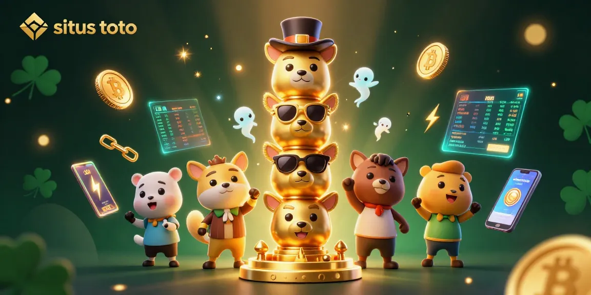 Engage with situs toto in this vibrant 3D digital illustration of a casino-themed golden totem pole.