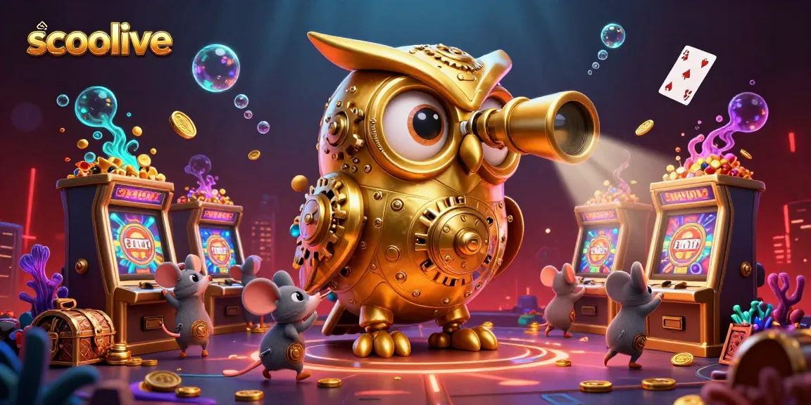 Socolive showcases an energetic scene of a clockwork owl and tiny mouse patrons amidst vibrant casino elements, capturing excitement in gambling.