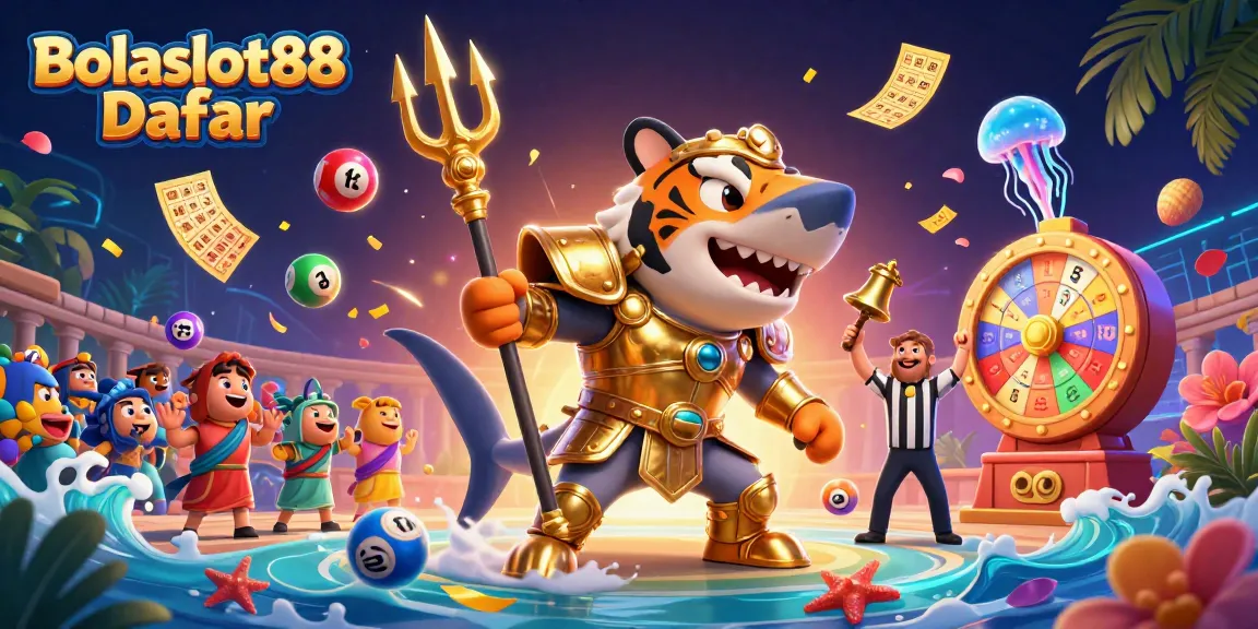 Bolaslot88 Daftar showcases a lively underwater gaming scene with a gladiator shark and exciting colorful elements.