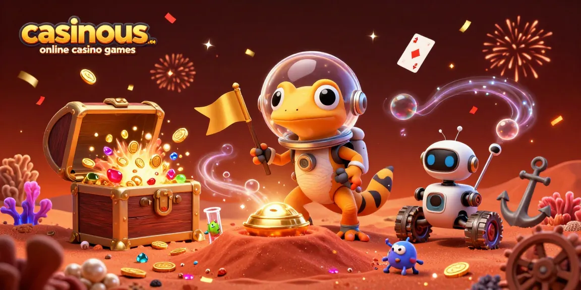 Martian gecko and robot exploring a golden casino, showcasing casinous.com online casino games.