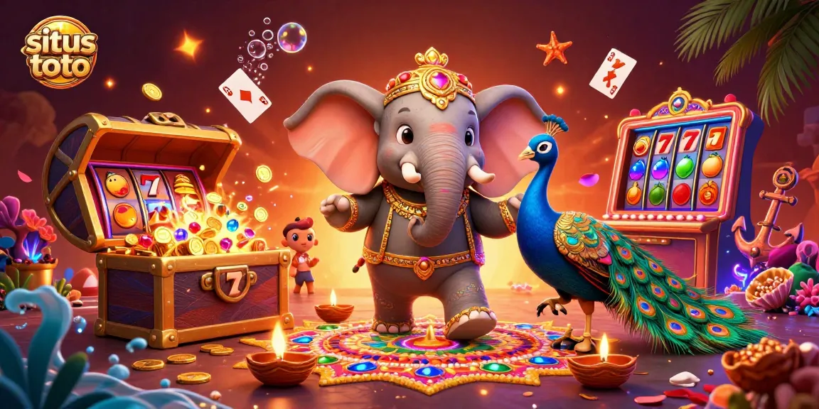 Gambar situs toto dengan gajah Diwali menari dikelilingi harta karun emas dan simbol slot