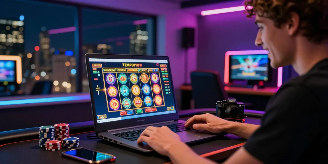 Player engaging with TEMPOTOTO online gaming platform, surrounded by vibrant graphics and casino atmosphere.
