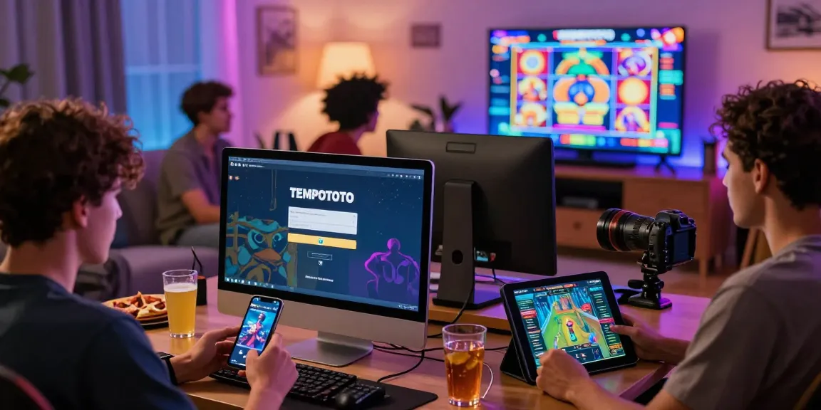 Players enjoying the TEMPOTOTO login experience in a vibrant gaming environment with multiple devices.