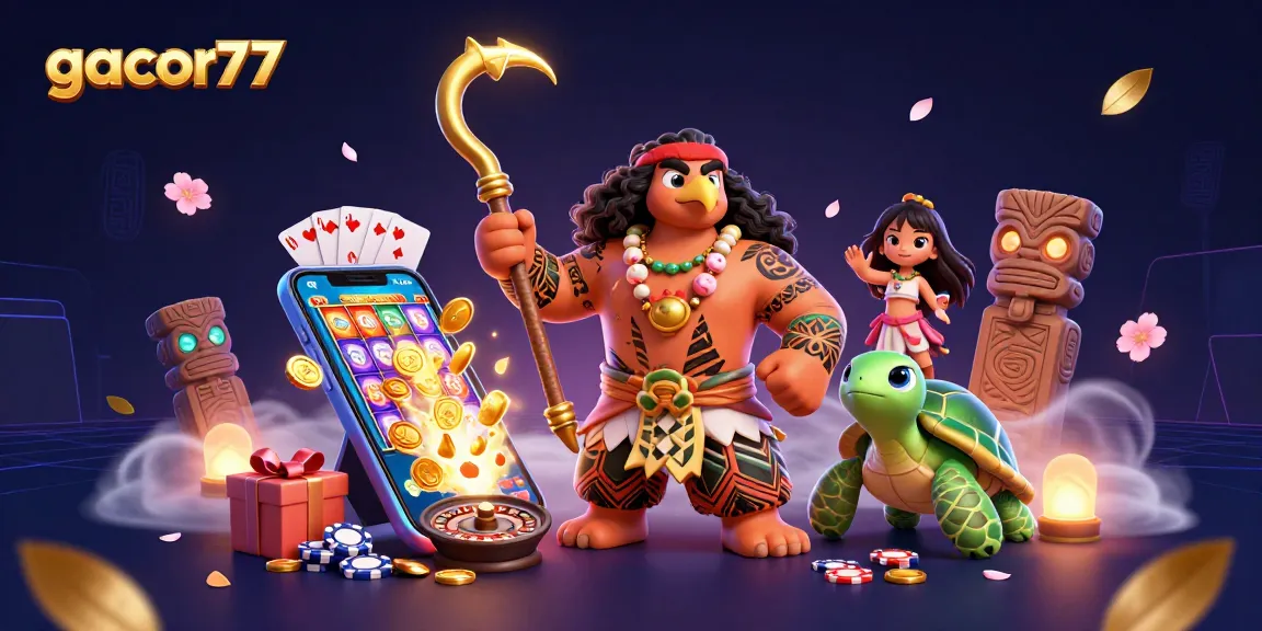 Gacor77 mengamati slot modern dengan harta karun, simbol keberuntungan, dan suasana kasino yang ceria.