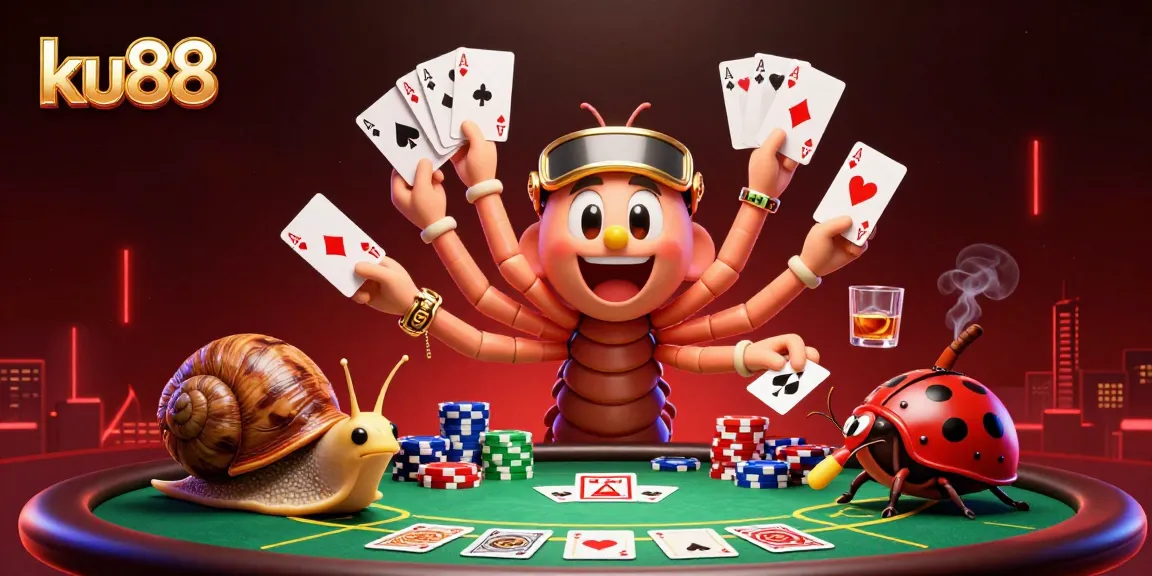 Experience the excitement of ku88 with an animated casino scene featuring a millipede dealer and chip stacks