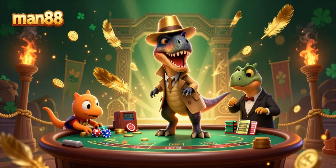 Watch the man88 velociraptor cunningly attempt to win at blackjack amidst chaotic casino antics.