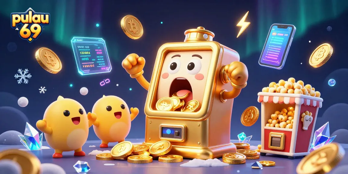 Pulau 69 welcomes players with a vibrant 3D slot machine scene hitting the jackpot, amidst cheering mini slot machines.