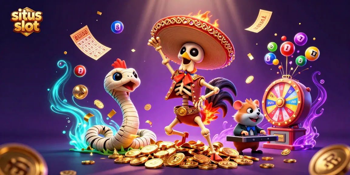 Bermain situs slot dengan karakter kartun meriah dan elemen kemenangan kasino yang penuh warna.