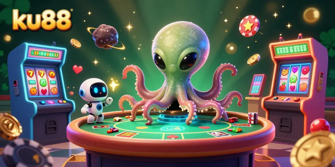Engage with ku88's thrilling slots universe featuring a vibrant 3D illustration of a cartoon alien octopus and robot.
