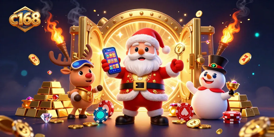 Spin slots and win big with c168 in a vibrant casino scene featuring Santa and friends.