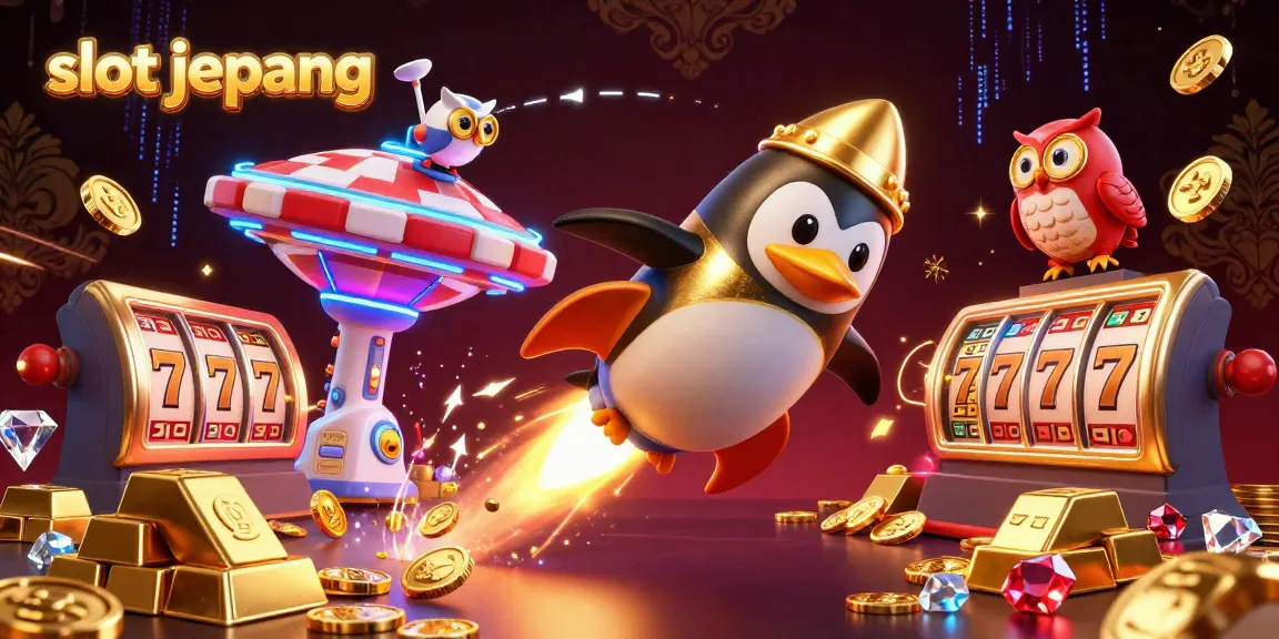 Experience the excitement of slot jepang as a golden penguin soars to a casino space station amidst riches.