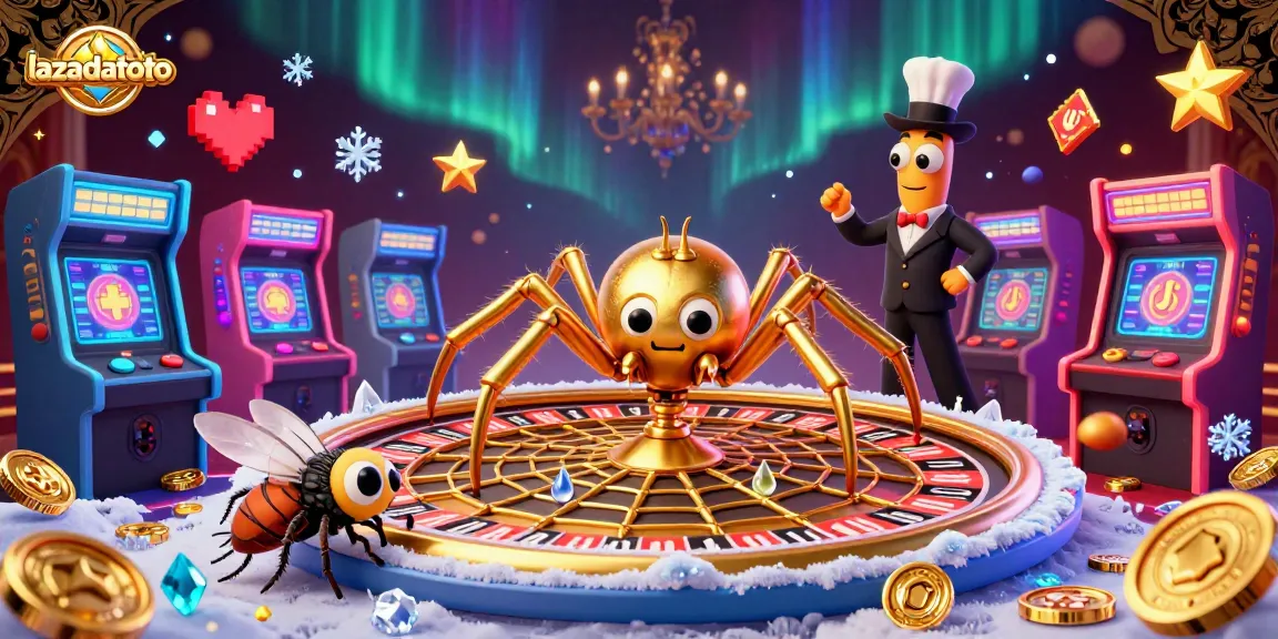 Spin and win at lazadatoto with a dynamic 3D roulette-themed illustration featuring animated characters and vibrant casino elements.