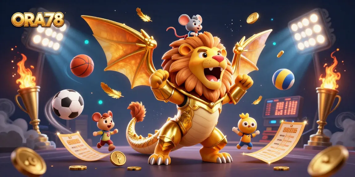 ORA78 merayakan kemenangan dengan makhluk chimera emas di kasino online yang dinamis.