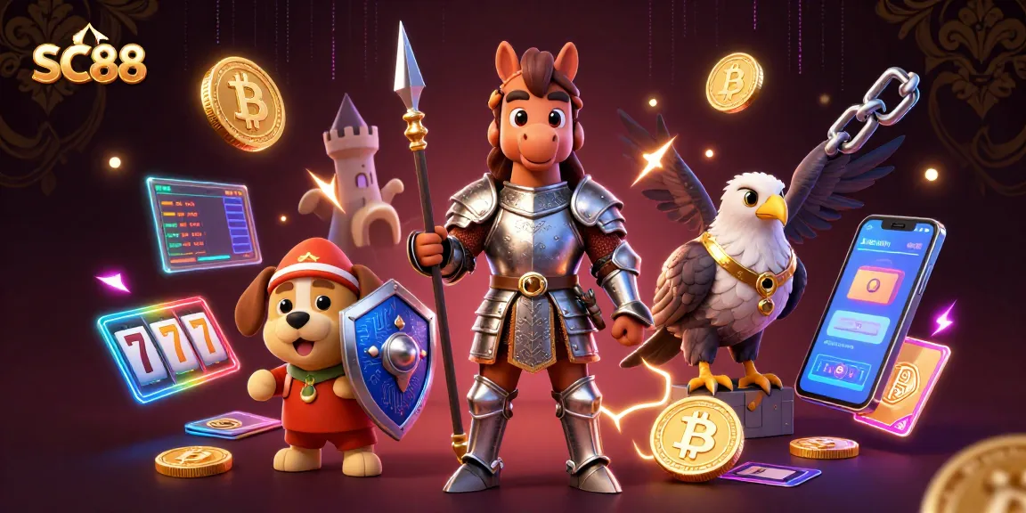 SC88 showcases exciting gaming adventures with vibrant characters amidst crypto-themed casino elements.