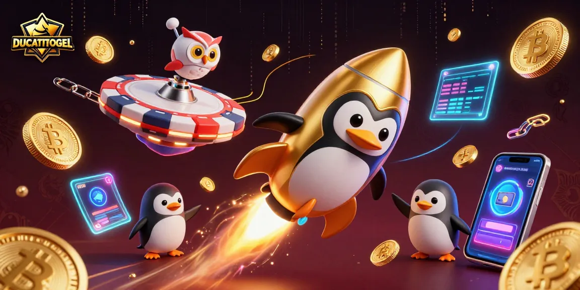 Win big with DUCATITOGEL as a golden penguin and poker chip casino space station light up the scene.