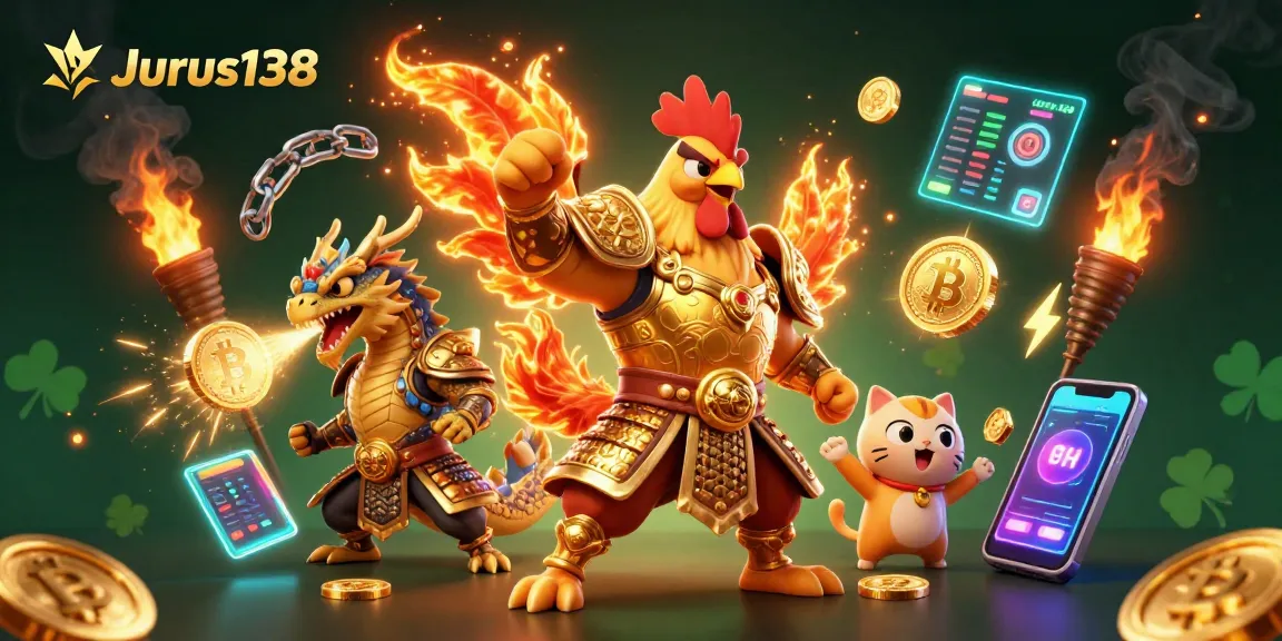 Experience thrilling gameplay with Jurus138 in a vibrant 3D casino scene filled with crypto elements.
