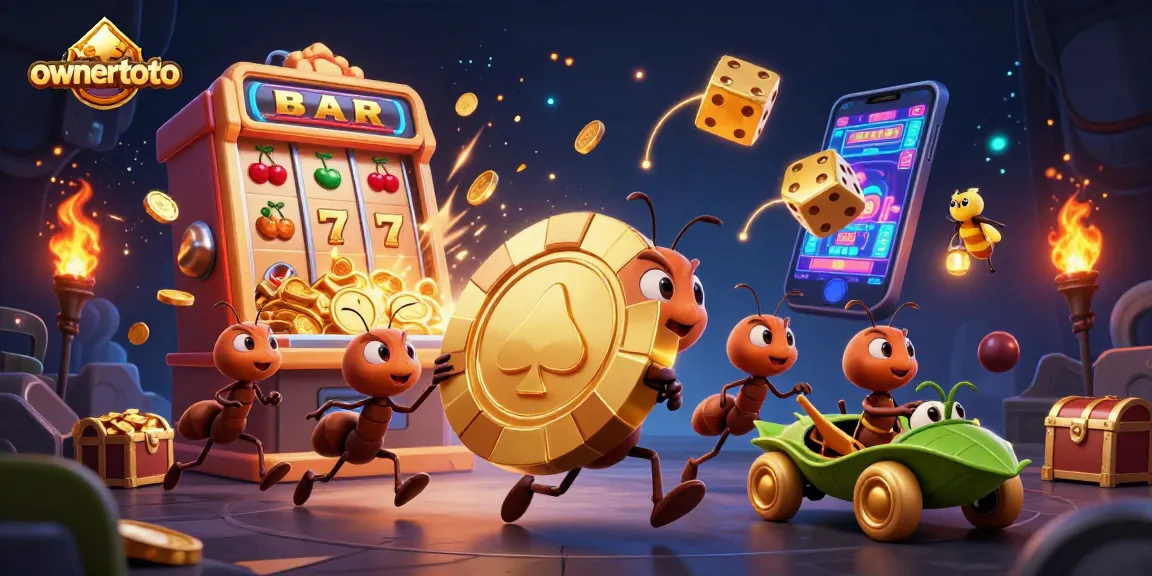 Ant-aheist membawa chip poker emas di bawah tanda ownertoto di mesin slot, momen kasino yang mendebarkan.