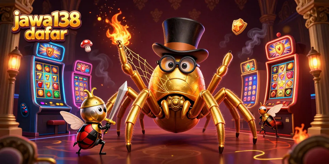Laporkan jackpot menarik di jawa138 daftar dengan ilustrasi penuh warna, simbol buah, dan pilar kasino yang megah.