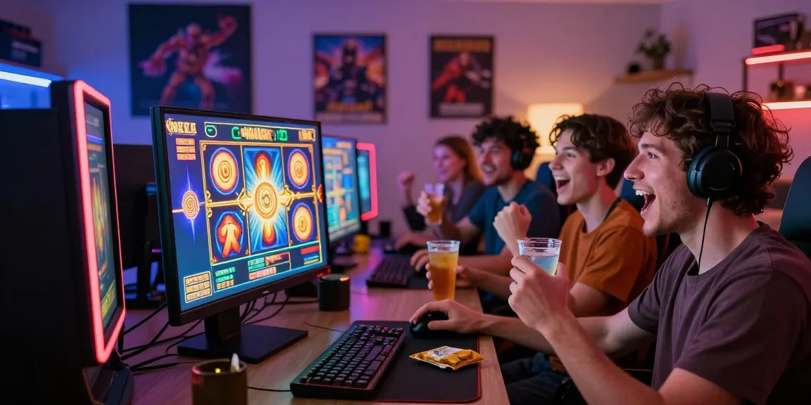 Suasana bermain slot online dengan pemain antusias menikmati permainan slot di layar besar, penuh warna dan grafis menarik.