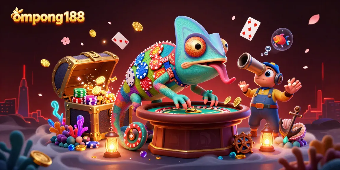 Memenangkan permainan di ompong188 dengan karakter chameleon raksasa yang penuh warna dan koin emas yang berlimpah.