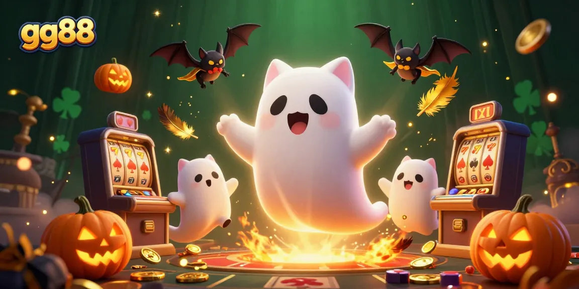 Engage with gg88's vibrant gaming scene featuring a friendly ghost cat and dynamic casino elements.