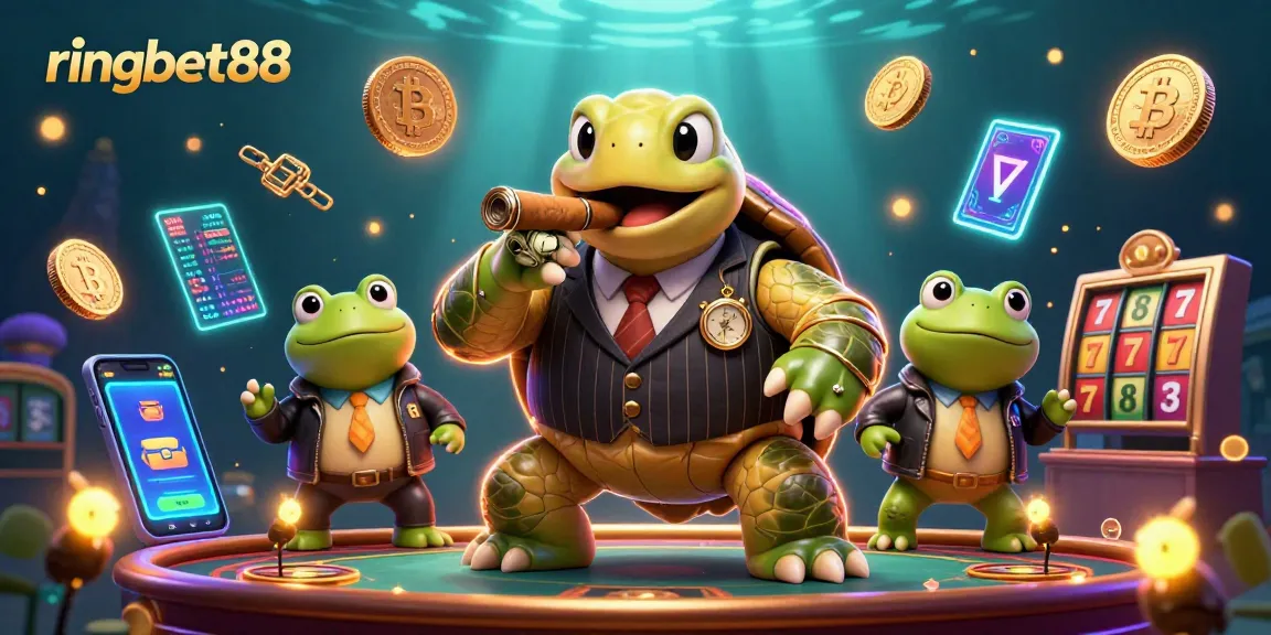 Experience thrilling moments with ringbet88 as the turtle in mobster attire leads the show amidst vibrant casino elements.