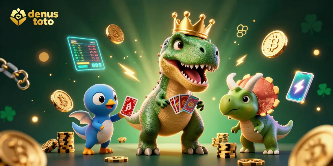 Menghadirkan Densus Toto dari kartu bermain yang di shuffle oleh T-Rex sambil dikelilingi chip emas dan koin crypto.