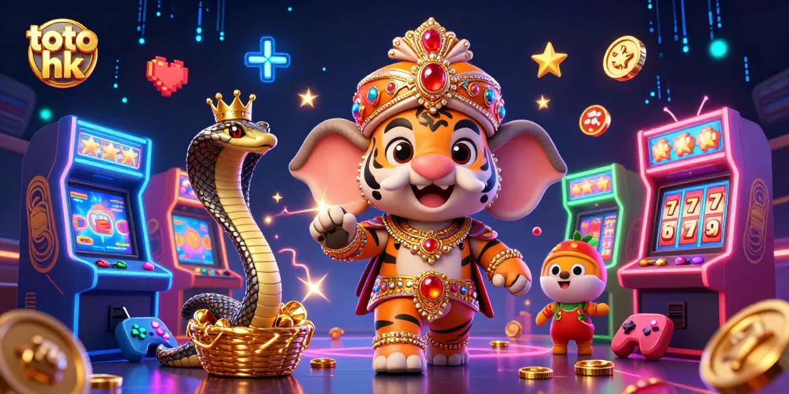 Gambaran ilustrasi 3D menampilkan toto hk secara menarik di kasino, dengan karakter utama bersama permainan slot yang cerah.