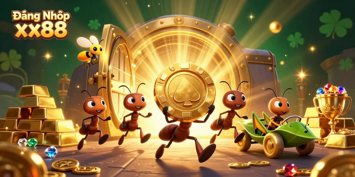 Join the action of Đăng Nhập xx88 as ants carry a giant poker chip in a vibrant casino heist setting.