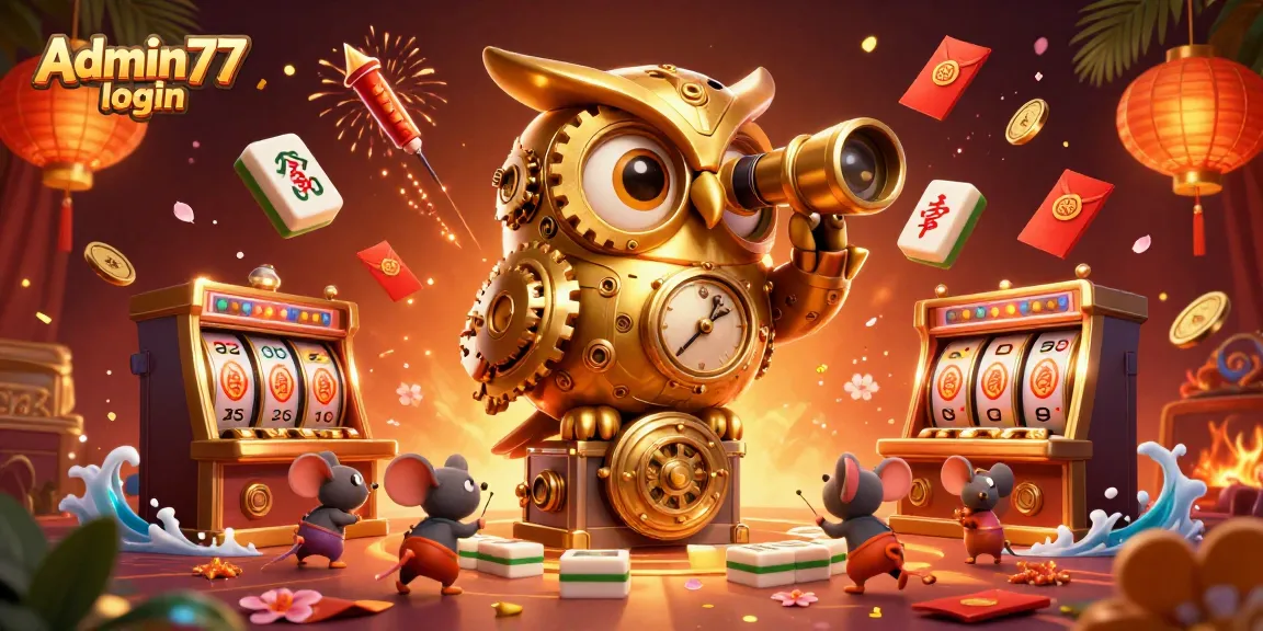 Play and win with Admin77 login in this vibrant casino scene filled with lucky charms and games.