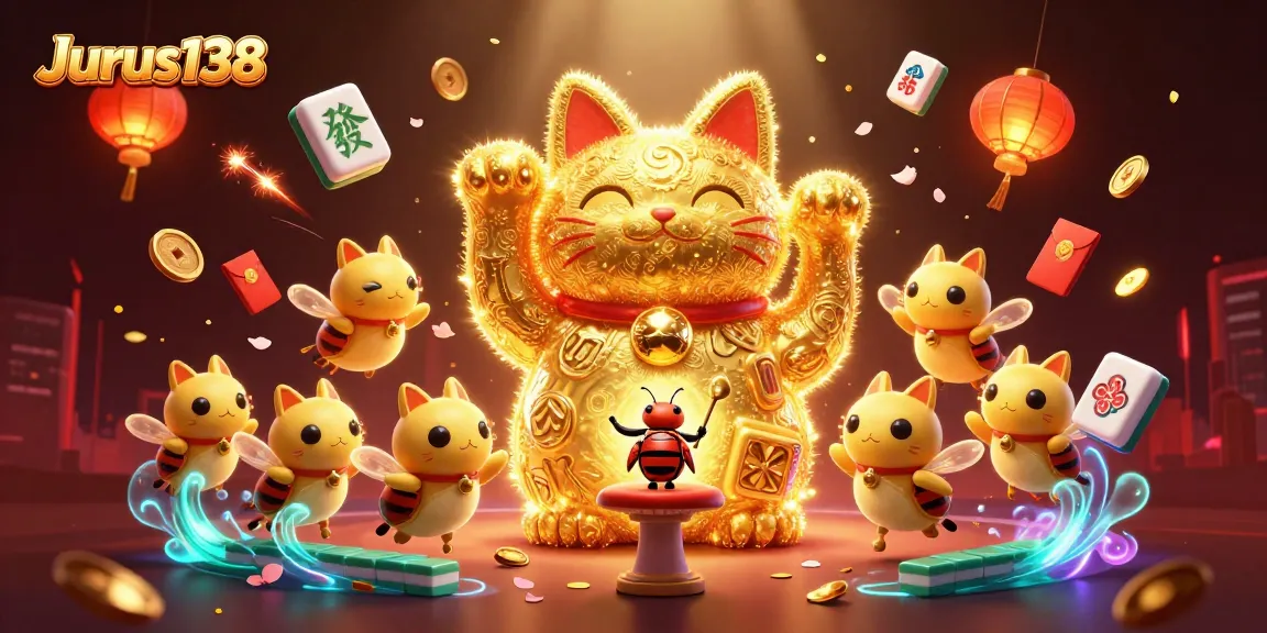 Experience the excitement of Jurus138 with captivating visuals of a lucky cat and casino symbols.