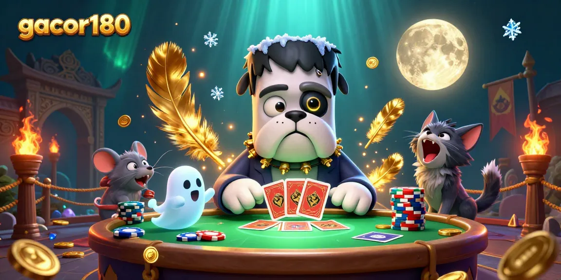 Permainan kartu gacor180 dengan bulldog Frankenstein dan kucing werewolf di meja kasino yang seram.