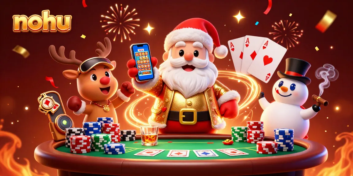 Nohu's festive casino scene showcases Santa, a dealer reindeer, and a poker chip snowman.