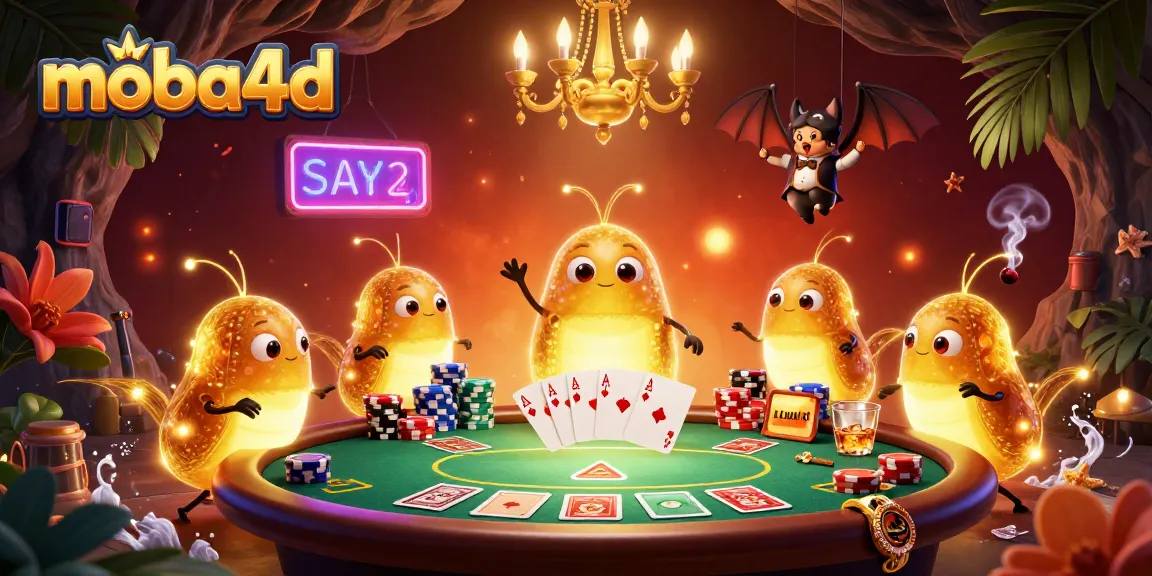 Experience moba4d's vibrant cave casino atmosphere with glowing characters and lively poker elements.
