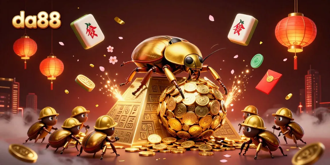 Engage with the da88 casino experience through vibrant 3D illustration featuring golden beetles and casino elements.