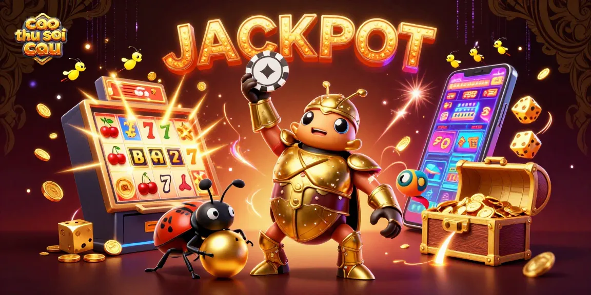 Engaging 3D art of cao thu soi cau with a hercules beetle celebrating a jackpot win amid dynamic casino elements.